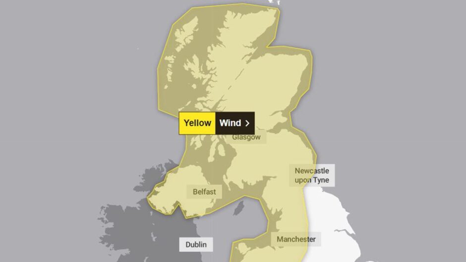 Yellow weather warning covering whole of Scotland.