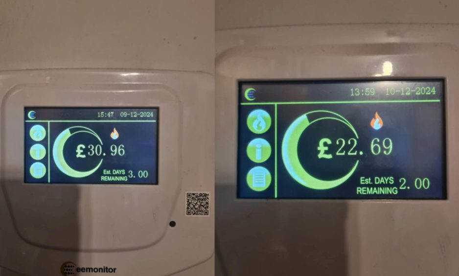 Two smart meters sitting side by side showing the cost of fuel.