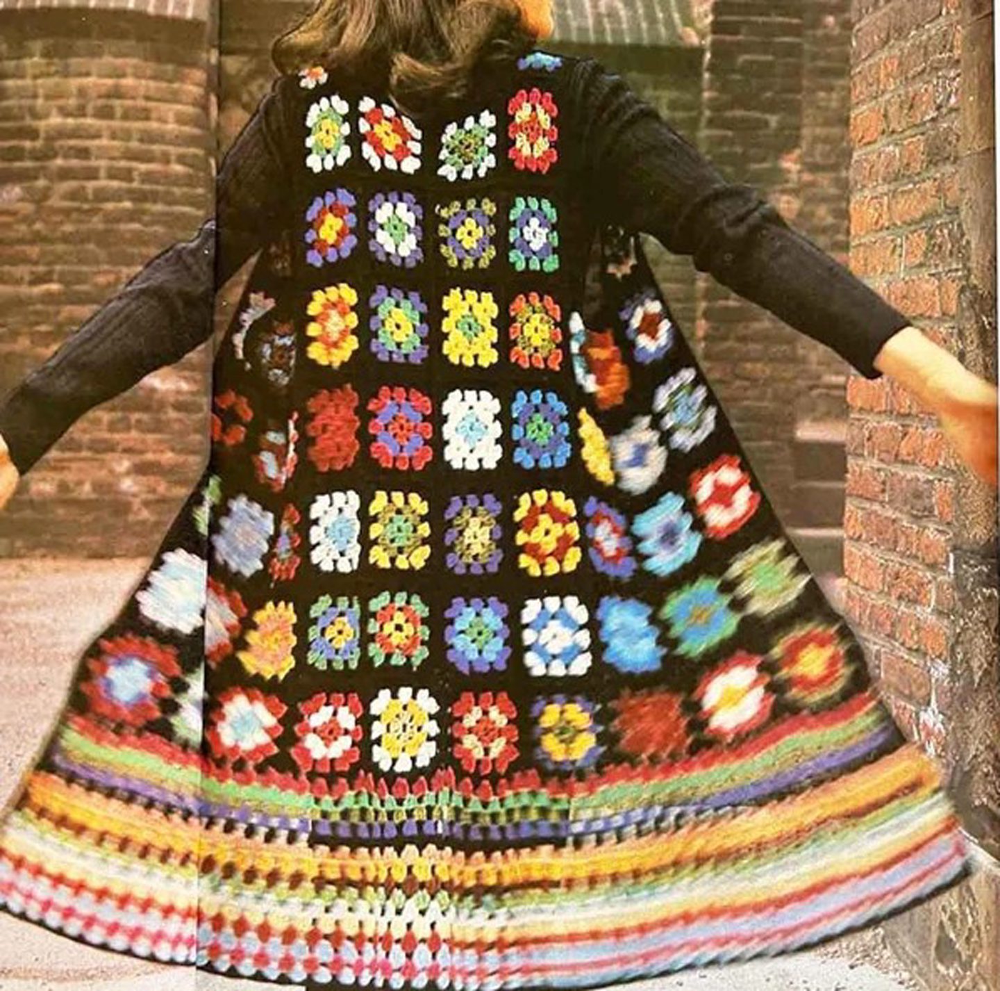 Vintage long waistcoat made of colourful crochet Granny Squares.