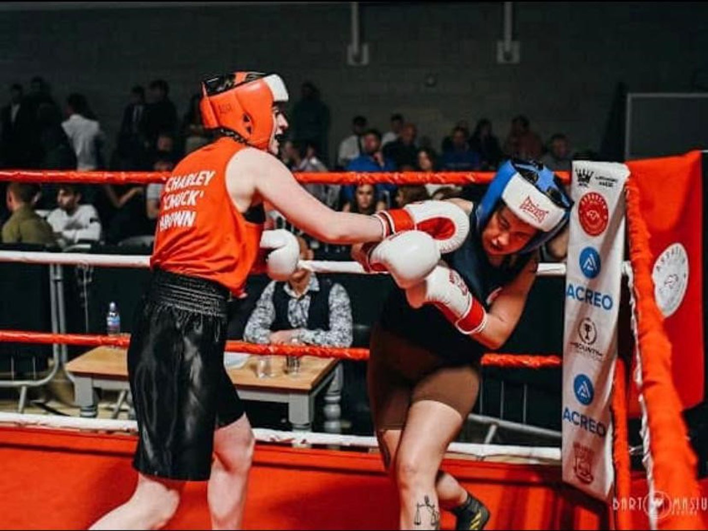 Aberdeen teenage lightweight boxer Charley Brown (left) lands a punch against her opponent in an amateur bout. Image supplied by Lee McAllister.