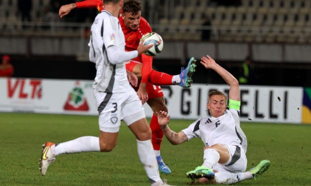 Mandatory Credit: Photo by GEORGI LICOVSKI/EPA-EFE/Shutterstock (14908677ai) North Macedonia's Enis Bardhi (C) in actin against Latvia's Latvia's Kristers Tobers (R) and Latvia's Vitalijs Jagodinskis (L) during the UEFA Nations League match between North Macedonia and Latvia in Skopje, North Macedonia, 14 November 2024. UEFA Nations League - North Macedonia vs Latvia, Skopje - 14 Nov 2024