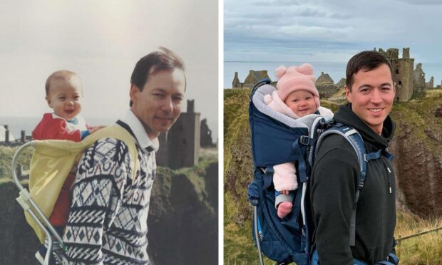 Kevin Hudson and baby Ben, left in 1992, and Ben with his baby daughter Ellie in 2024.