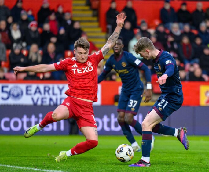 James McGarry of Aberdeen blocks a shot from James Wilson of Hearts. Image: Shutterstock.