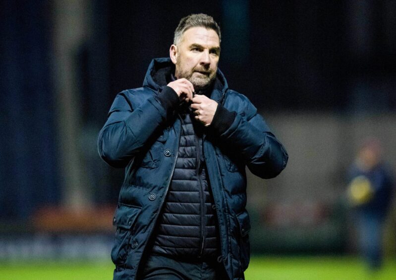 Dumbarton manager Stevie Farrell pictured here when he was Stranrer manager during a Scottish Cup tie against Kelty Hearts at Starks Park, Kirkcaldy, on January 9, 2021.