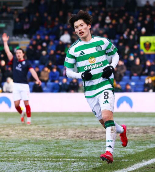 Celtic's Kyogo Furuhashi celebrates after scoring to make it 1-0 against Ross County at the Global Energy Stadium, Dingwall on Saturday, January 11, 2024. 