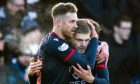 Kieran Phillips (right) celebrates with Jordan White who netted a penalty against Celtic. Image: SNS