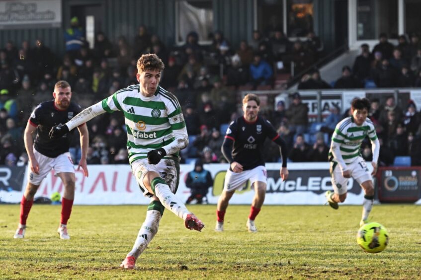 Celtic's Arne Engels scores to make it 3-1 against Ross County after it was ordered to be retaken. The SPFL Premiership match at the Global Energy Stadium, Dingwall, on Saturday, January 11, 2025, finished 4-1 to Celtic. Home goalkeeper Jordan Amissah was ajudged to have moved off his line when he saved the original penalty from the same player. 