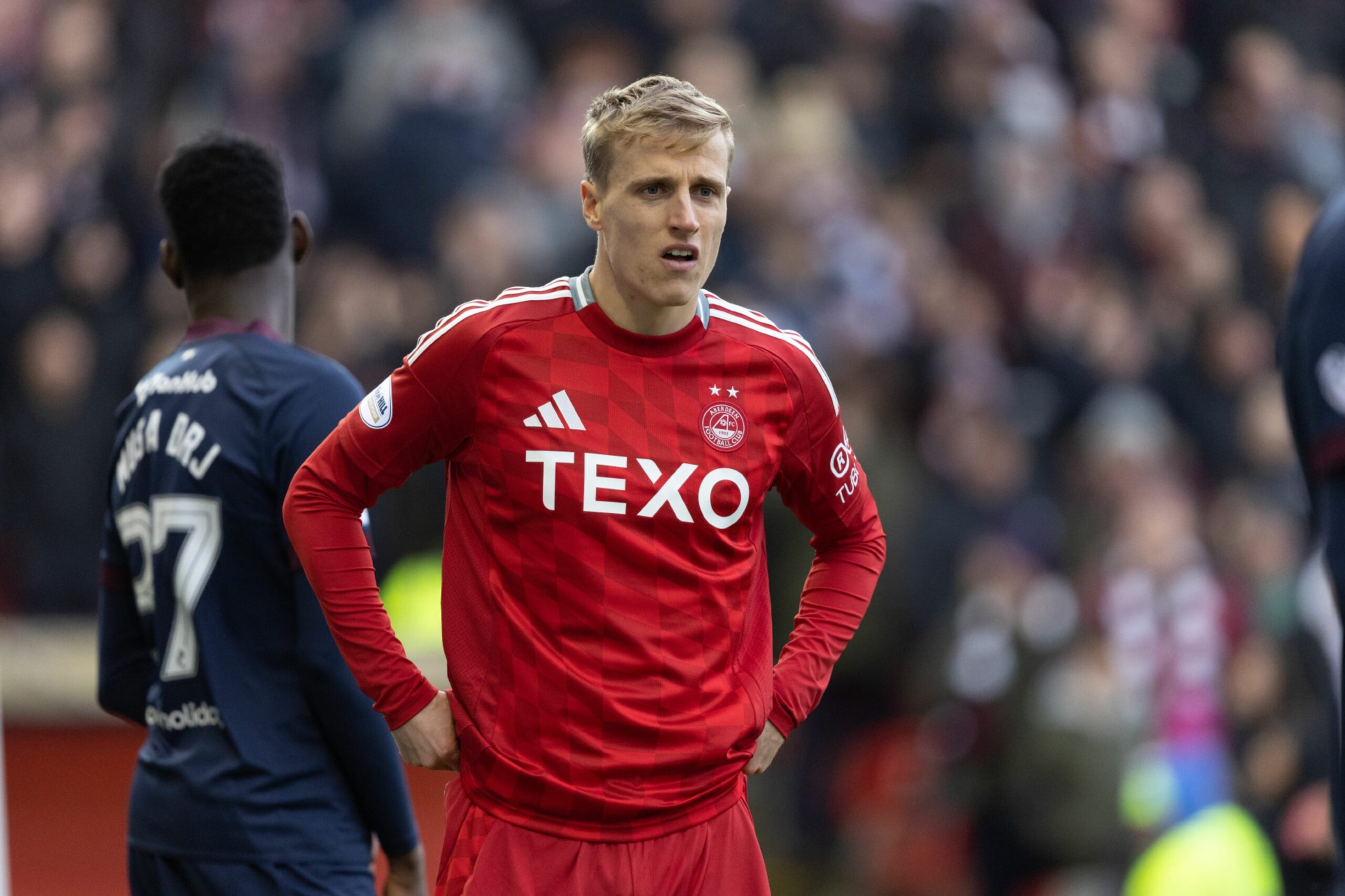 Aberdeen's Jeppe Okkels makes his debut against Hearts at Pittodrie. Image: SNS