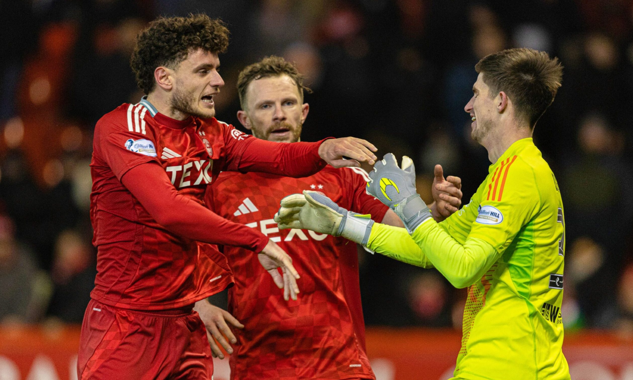 Aberdeen's Ross Doohan (R) and Dante Polvara at full time in the 0-0 draw with Hearts. Image: SNS