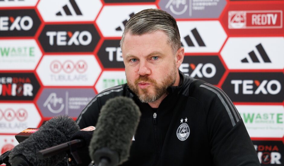 Dons boss Jimmy Thelin during his press conference at Cormack Park. Image: SNS