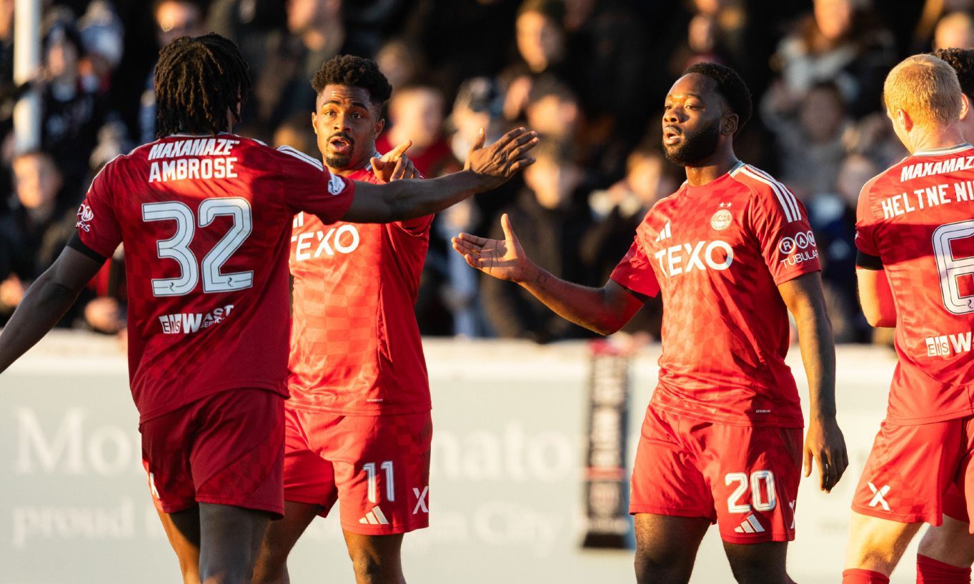 Aberdeen's Shayden Morris celebrates with Peter Ambrose after scoring to make it 1-0 against Elgin City. Image; SNS