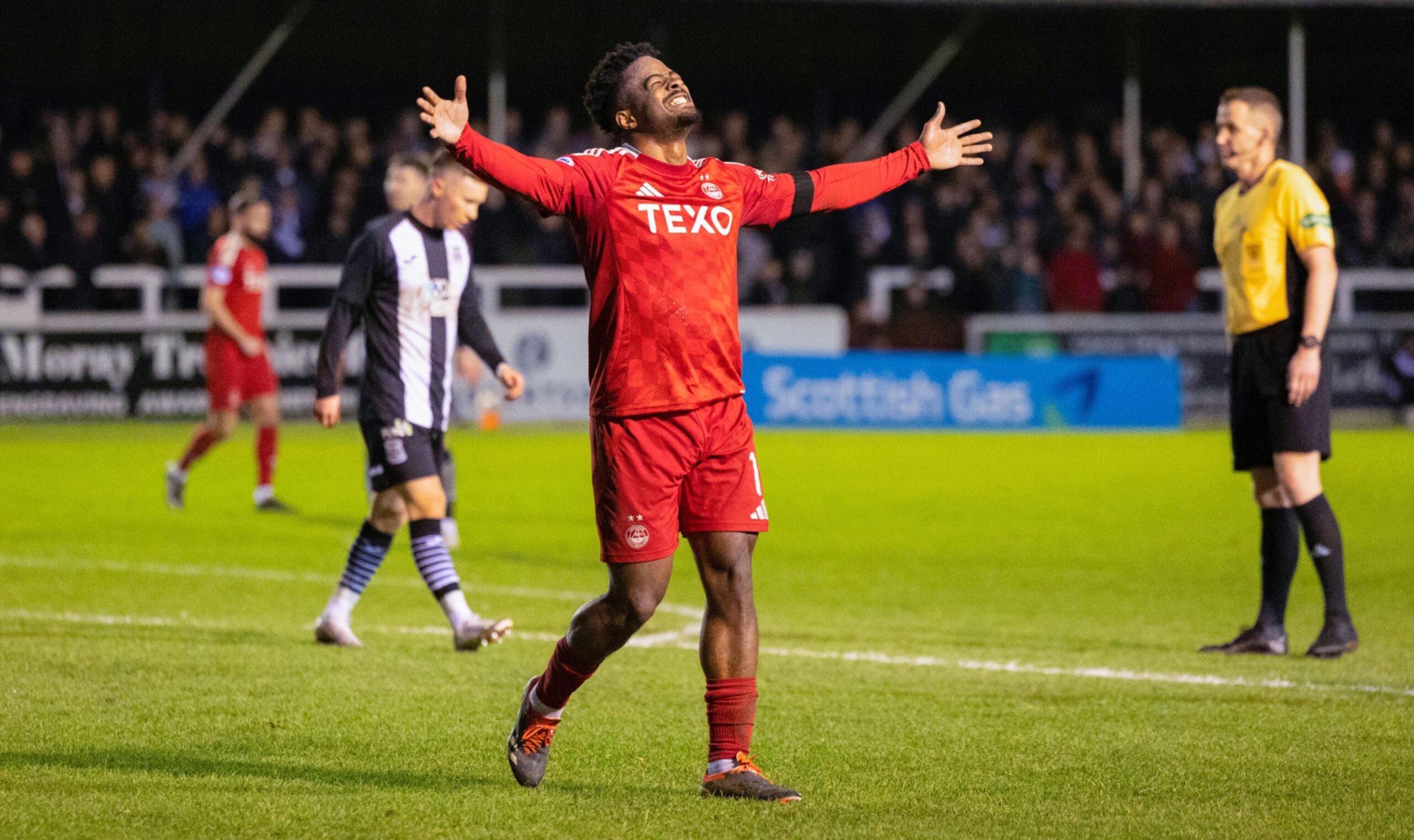 Aberdeen's Duk celebrates after scoring to make it 3-0 against Elgin City. Image; SNS