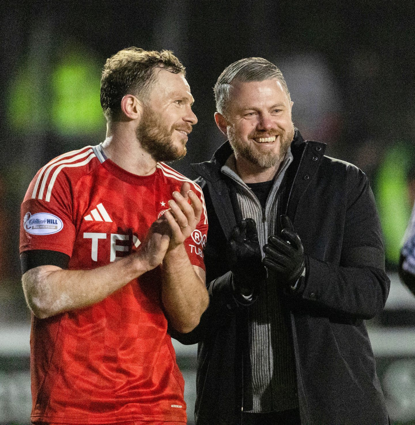 Aberdeen right-back Nicky Delvin (left) with manager Jimmy Thelin after the 3-0 Scottish Cup win at Elgin City. Image: SNS 