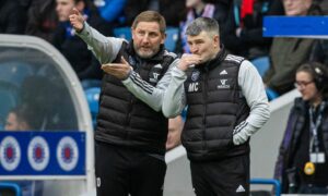 GLASGOW, SCOTLAND - JANUARY 19: Fraserburgh Manager Mark Cowie (R) and Assistant Manager James Duthie during a Scottish Gas Men's Scottish Cup match between Rangers and Fraserburgh at Ibrox Stadium, on January 19, 2025, in Glasgow, Scotland. (Photo by Alan Harvey / SNS Group)