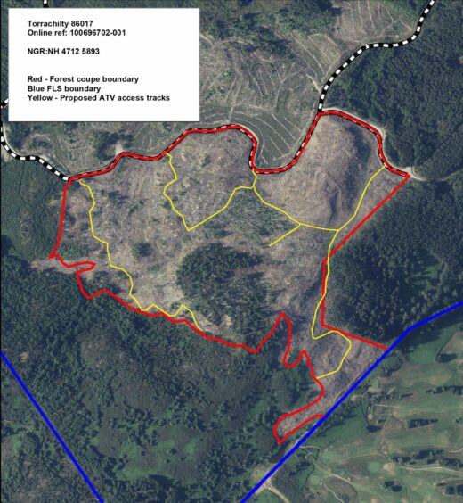 Map showing where Forestry and Land Scotland plans to create an all-terrain vehicle access track.