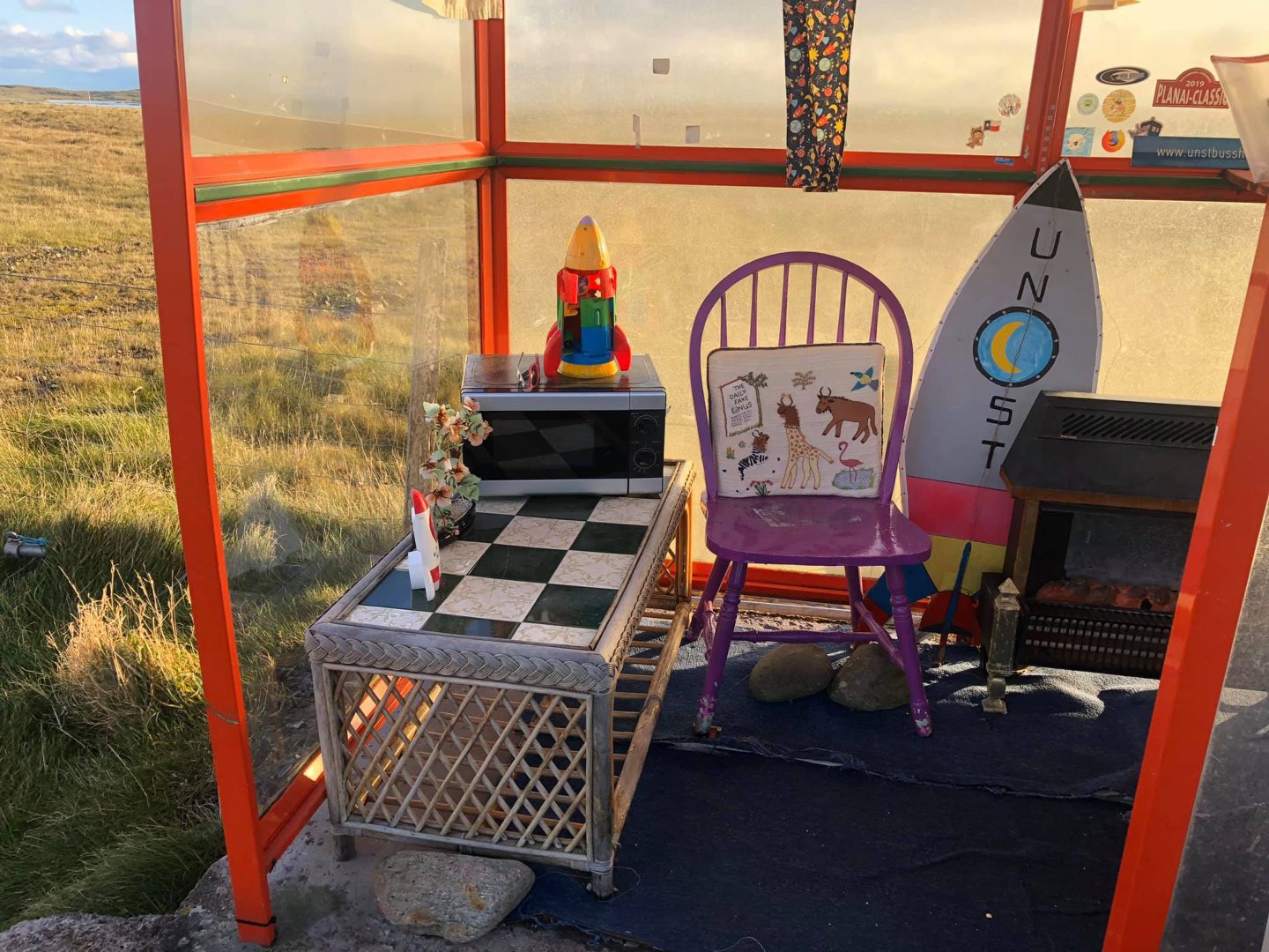 Inside Bobby's Bus Shelter on Unst during the Space theme