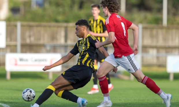 Timothy Akindileni in action for Aberdeen against Deveronvale in an Aberdeenshire Cup tie in August 2024. Image: Jasperimage.