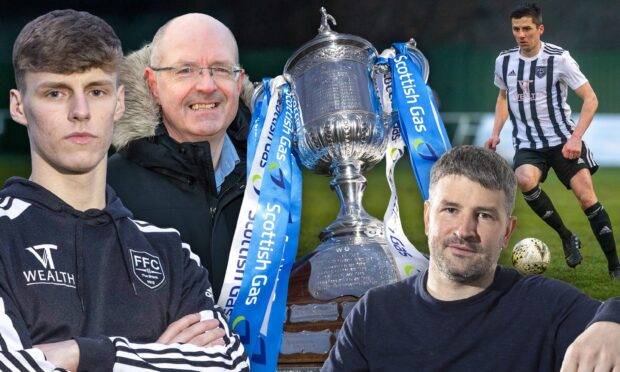 From left to right: Fraserburgh player Liam Strachan, Fraserburgh chairman Michael Murray, Fraserburgh manager Mark Cowie and Fraserburgh player Paul Young with the Scottish Gas Scottish Cup trophy. Images: DC Thomson/SNS.