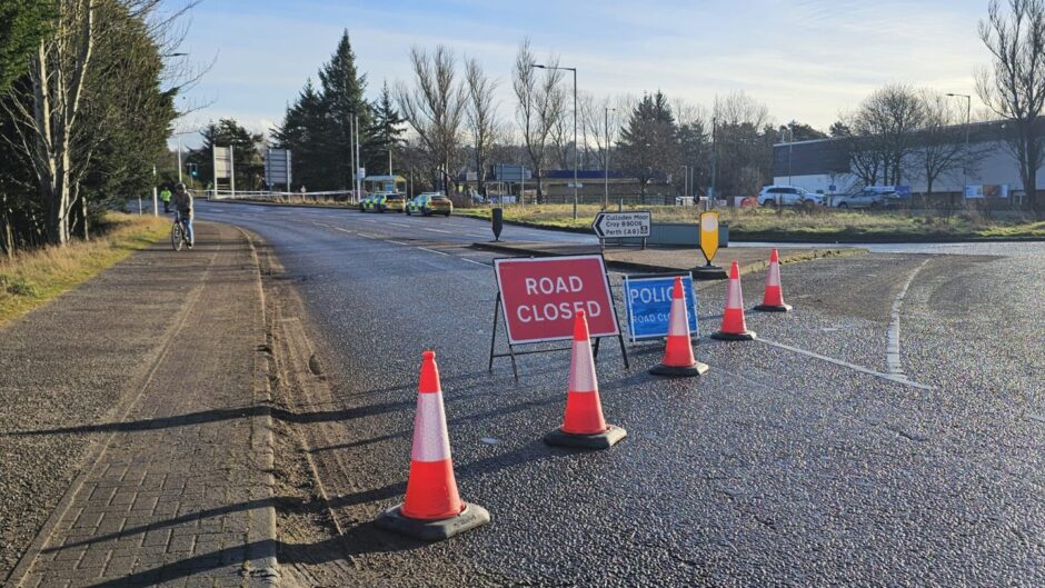 The road was temporarily closed at the Inshes roundabout, on the approach to Cradlehall, with cones and a number of signs across the carriageway to divert motorists.