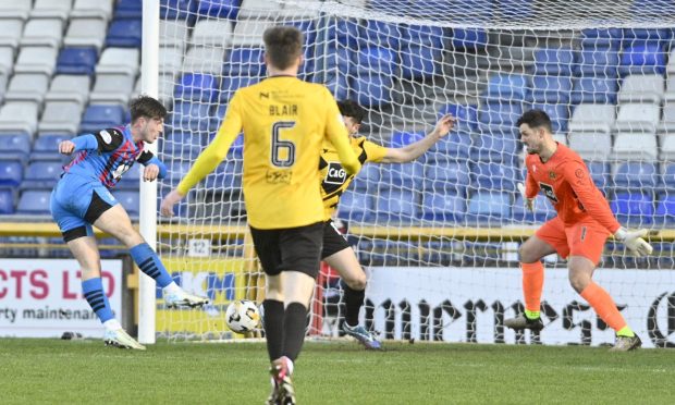 Alfie Bavidge scores on his Caley Thistle debut against Dumbarton. Image: Jason Hedges/DC Thomson.