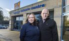 Alexandrea Macleod and John O'Kane standing outside Moray Leisure Centre.