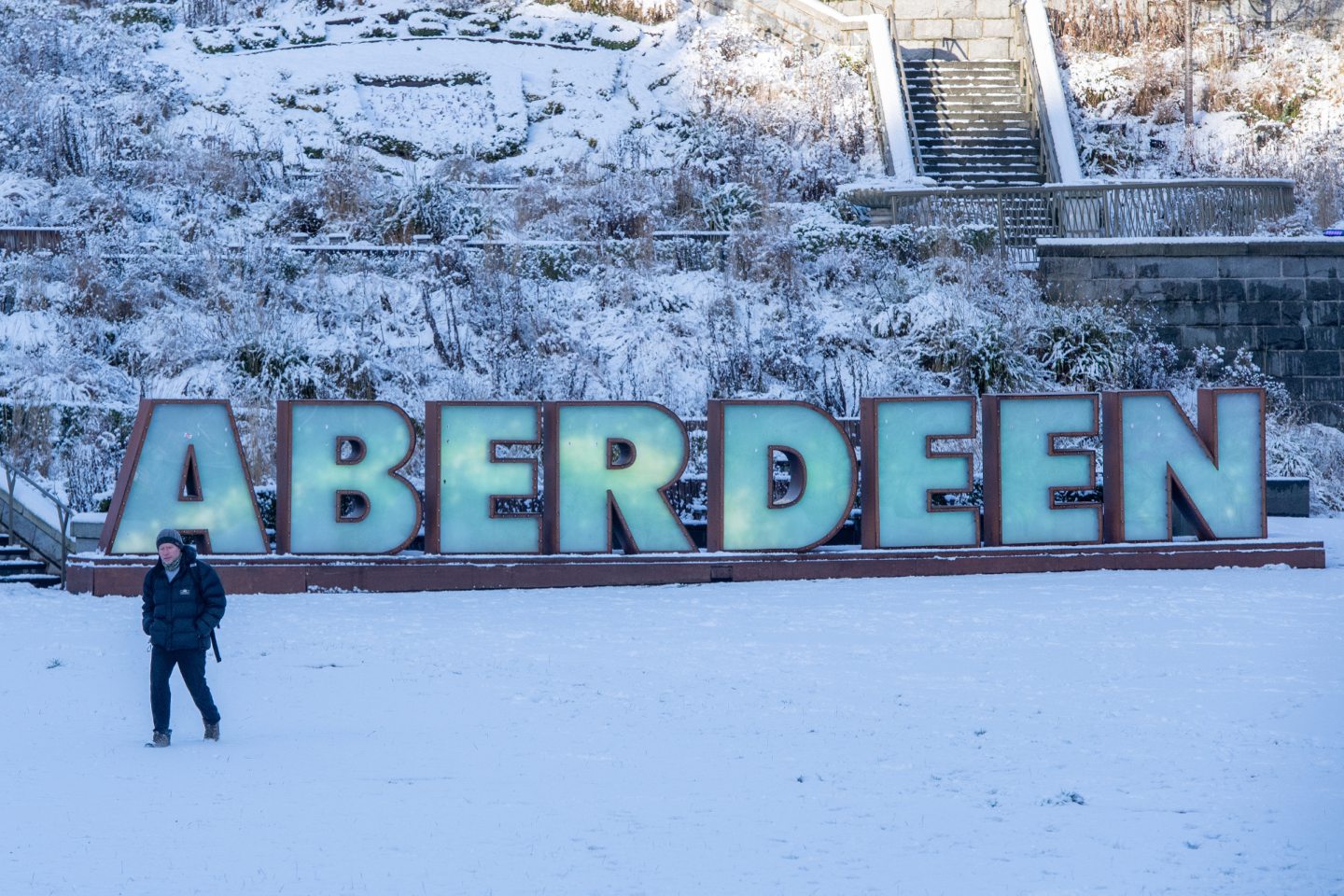 Aberdeen sign in Union Terrace Gardens covered in snow during Met Office yellow weather warning