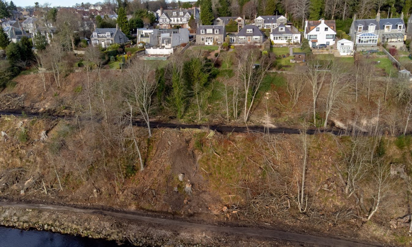 Our images show the barren land after dozens of Peterculter trees were chopped down.