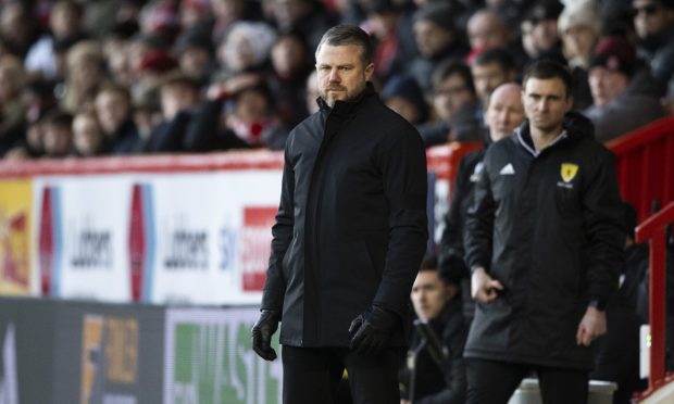 Aberdeen manager Jimmy Thelin on the touch-line during the 3-0 loss to St Mirren at Pittodrie. Image: SNS