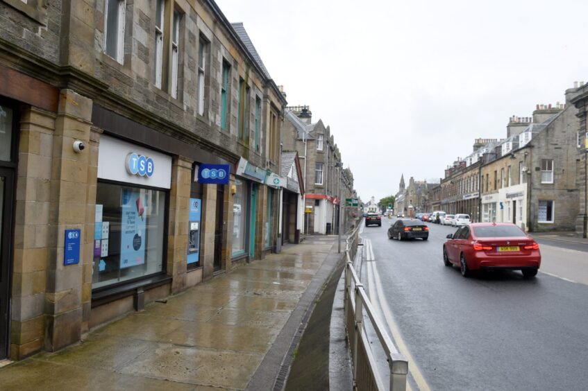 Street in Thurso with TSB bank branch to the left.