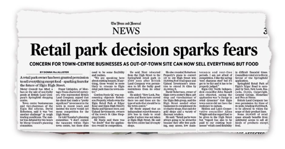 Cutting from Press and Journal reading "retail park decision sparks fears". 