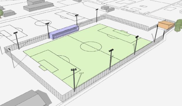 aerial view of invergordon fc's new pitch plans with floodlights and new stand