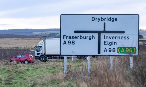 The A98 is closed at Buckie following a two-vehicle crash. Image: Jasperimage