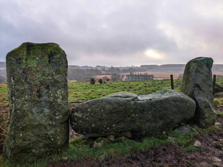 Strichen stone circle - and a view down to derelict Strichen House.