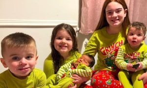 Blayke-Jay, Harper-Marie, Hallie-Rose, Demi-Leigh and Koa-Jay in their Christmas pyjamas