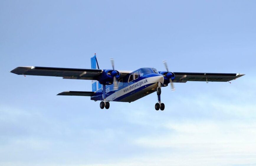 One of the small Islander aircraft which flies out of Tingwall Airport 