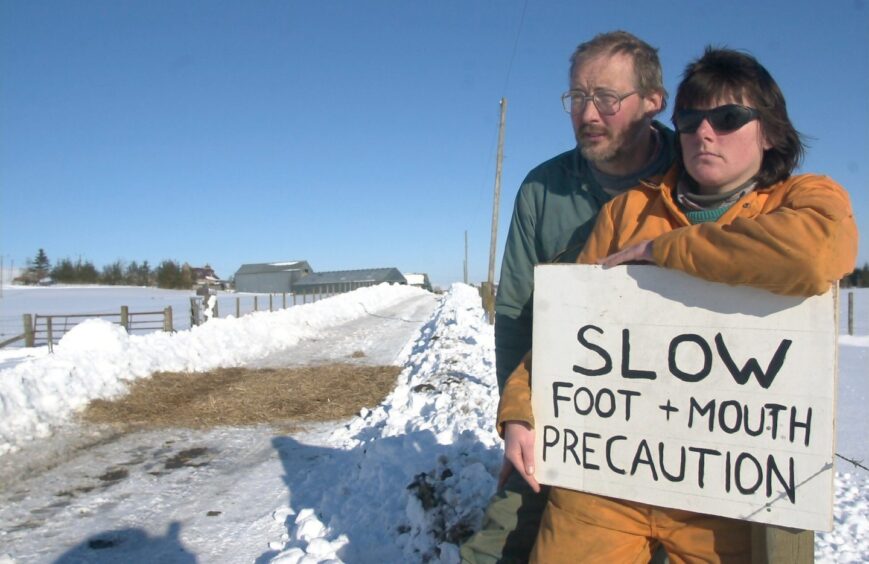 Aberdeenshire farmers Sarah and Paul Coates warn of the dangers of foot and mouth disease back in 2001.