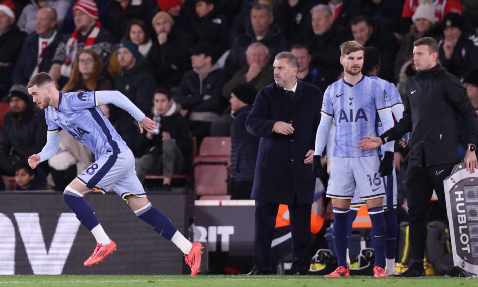 Alfie Dorrington of Tottenham Hotspur, left, is substituted on against Southampton.