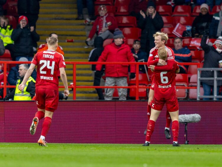 Alexander Jensen of Aberdeen celebrates after scoring to make it 2-0 against Dunfermline. Image: Shutterstock.