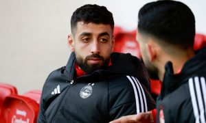 Oday Dabbagh on the Aberdeen bench during the Scottish Cup match against Dunfermline Athletic at Pittodrie. Image: Shutterstock.