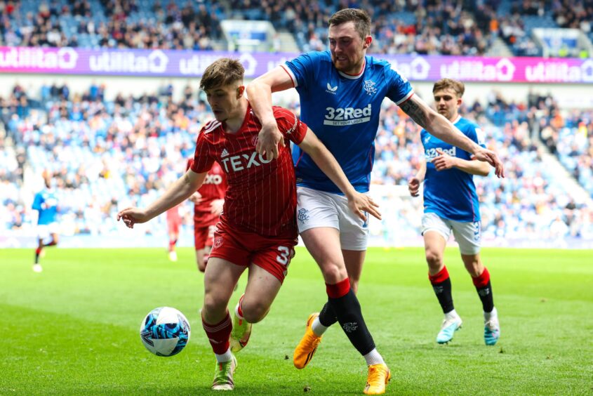 Aberdeen's Alfie Bavidge (L) and Rangers' John Souttar in action during a Premiership match at Ibrox in May, 2023. Image: SNS