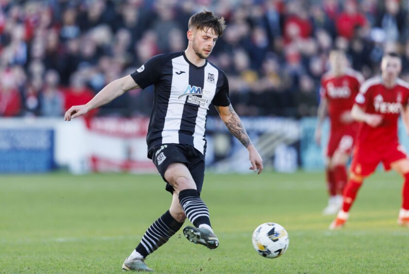 Elgin City midfielder Lewis Hyde in action against Aberdeen in the Scottish Cup at Borough Briggs Stadium, Elgin, on January 18, 2025. 