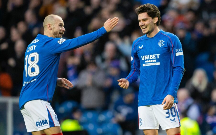 Rangers' Ianis Hagi (right) celebrates scoring to make it 2-0 against Ross County with team-mate Vaclav Cerny. This was in an SPFL Premiership match at Ibrox Stadium, Glasgow, which Rangers won 4-0 on Sunday, February 2, 2025. 