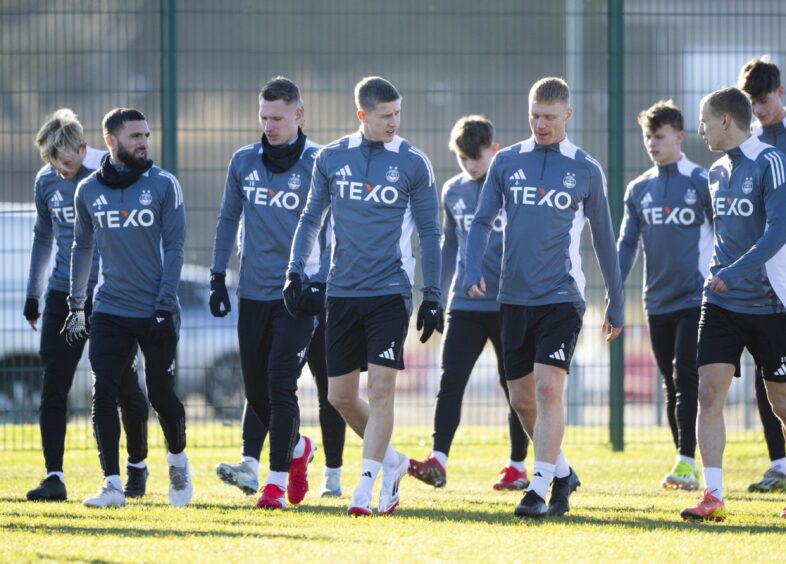 Adam Emslie, third from right, during Aberdeen first-team training on Thursday, February 6. Image: SNS.