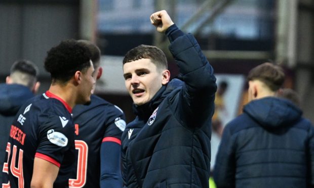 Ross County striker Ronan Hale celebrates his side;'s 3-0 win at Motherwell in the SPFL Premiership match at Fir Park Stadium, Motherwell, on February 15, 2025.