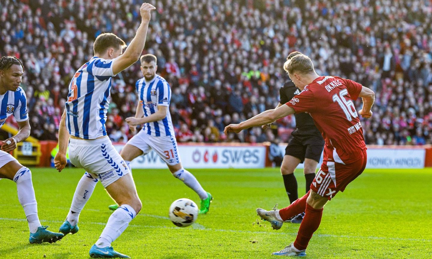 Aberdeen's Jeppe Okkels has the ball in the net against Kilmarnock but it's ruled out following a VAR review. Image; SNS