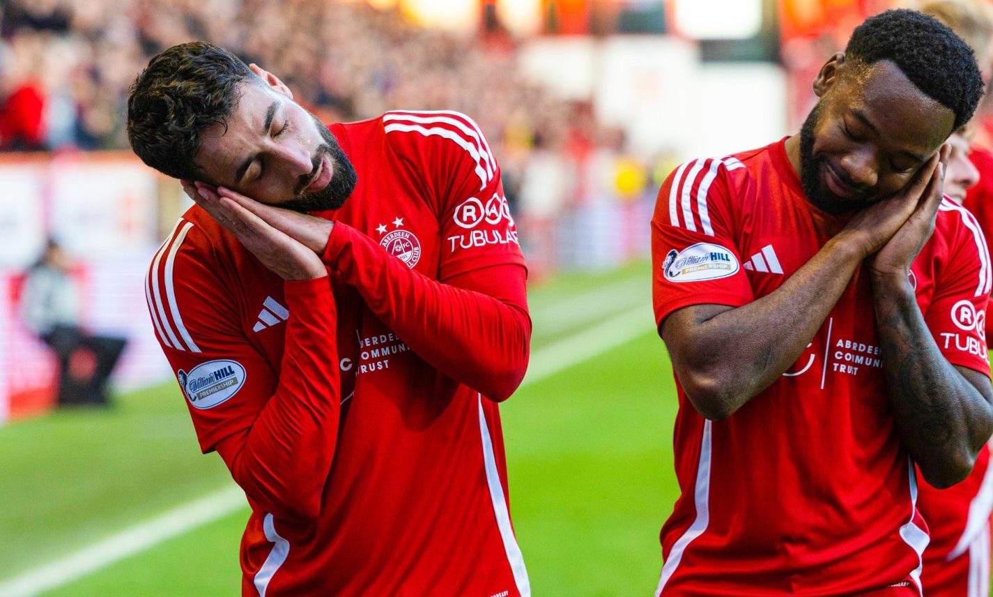 Aberdeen's Oday Dabbagh (L) celebrates scoring to make it 1-0 with teammate Shayden Morris in the 1-0 win against Kilmarnock at Pittodrie. Image: SNS