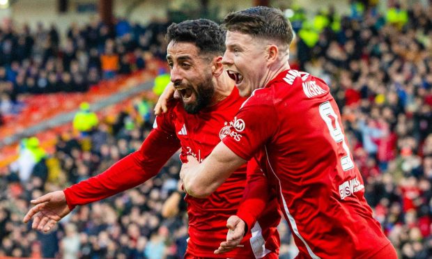 Aberdeen's Oday Dabbagh celebrates scoring to make it 1-0 against Kilmarnock at Pittodrie. Image: SNS