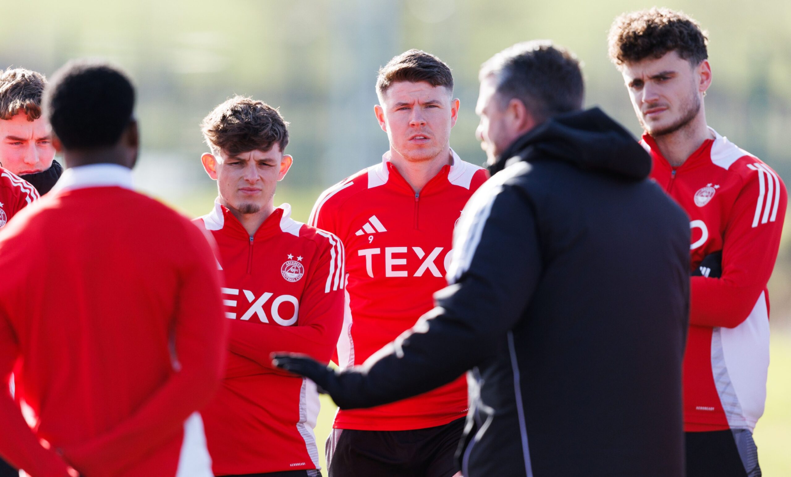 Leighton Clarkson and Kevin Nisbet (R) during an Aberdeen training session at Cormack Park. Image: SNS 