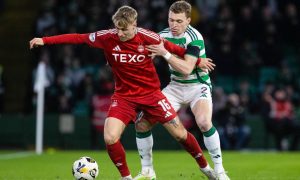 Aberdeen's Jeppe Okkels (L) and Celtic's Alistair Johnston in action at Parkhead. Image: SNS.