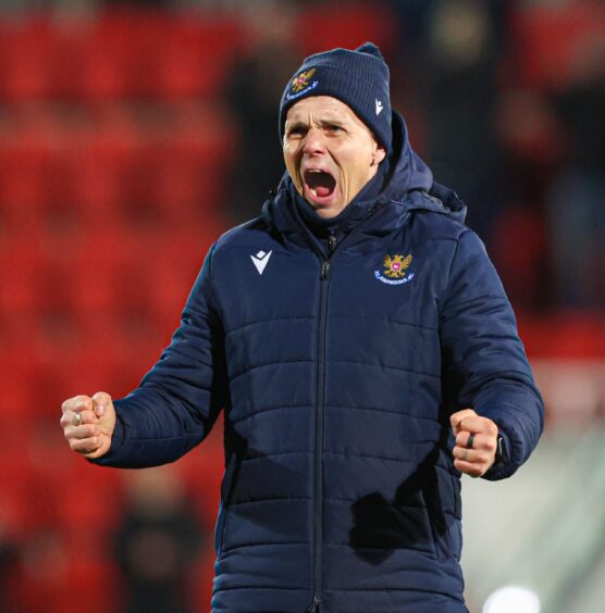 Simo Valakari celebrates St Johnstone's win over Ross County in February.